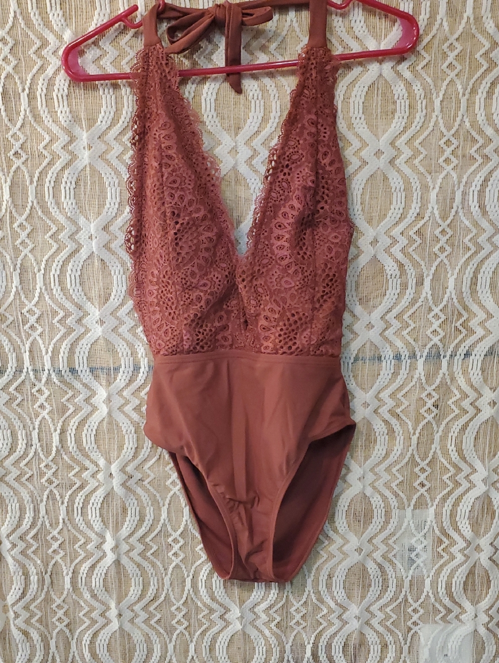 Xhilaration Rust Lace Plunge Halter Swim Suit